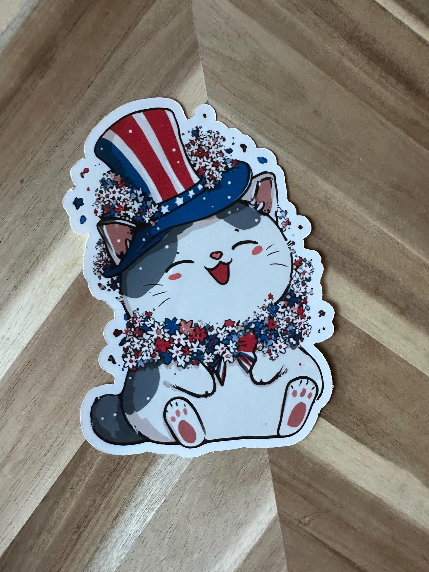 Patriotic Kawaii Cat Sticker: Uncle Sam Kitty Decal - 4th of July