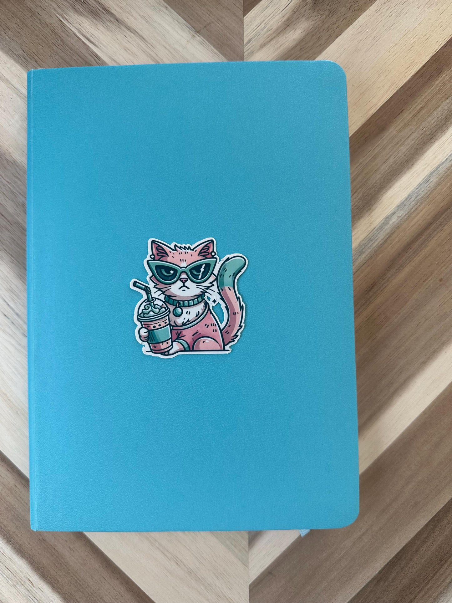 Cool Coffee Cat Sticker | Grumpy Pink Kitty Die Cut Vinyl Decal | Waterproof Laptop Sticker | Cat Lover Gift | Kawaii Iced Coffee