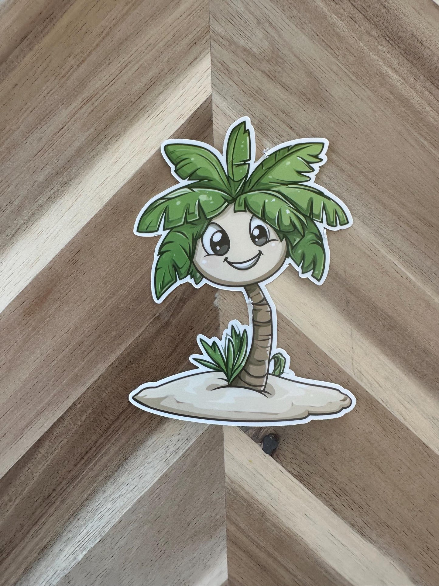 Happy Palm Tree Vinyl Sticker | Cute Tropical Island Decal | Kawaii Beach Sticker | Summer Vibes | Laptop, Water Bottle, Car Decoration