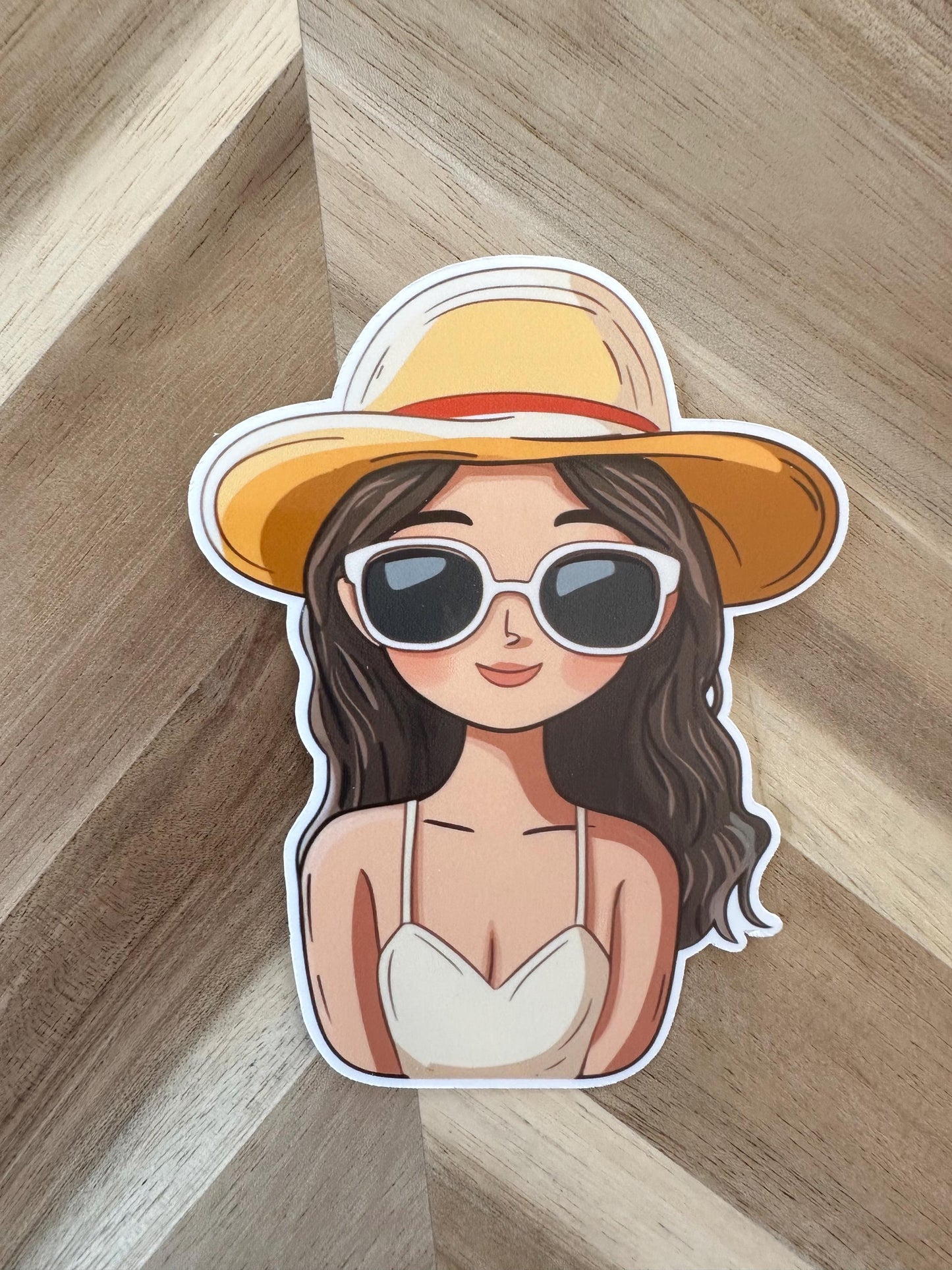 Cute Beach Girl Sticker | Summer Hat Sunglasses Die Cut Vinyl Decal | Waterproof Laptop Sticker | Aesthetic Vacation Vibes