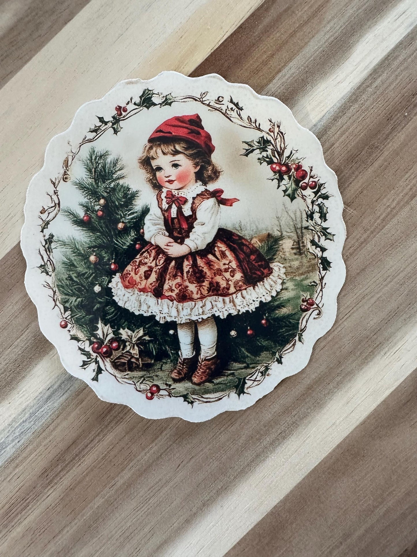 Victorian Christmas Girl Die-Cut Sticker | Vintage Holiday Ephemera