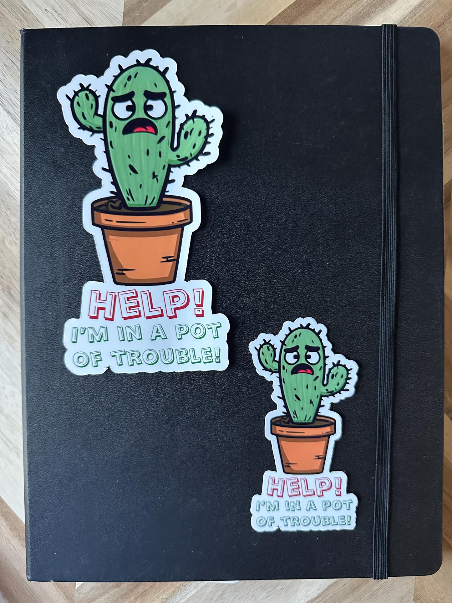 Funny Cactus Sticker: "Help I'm In A Pot Of Trouble" Vinyl Decal