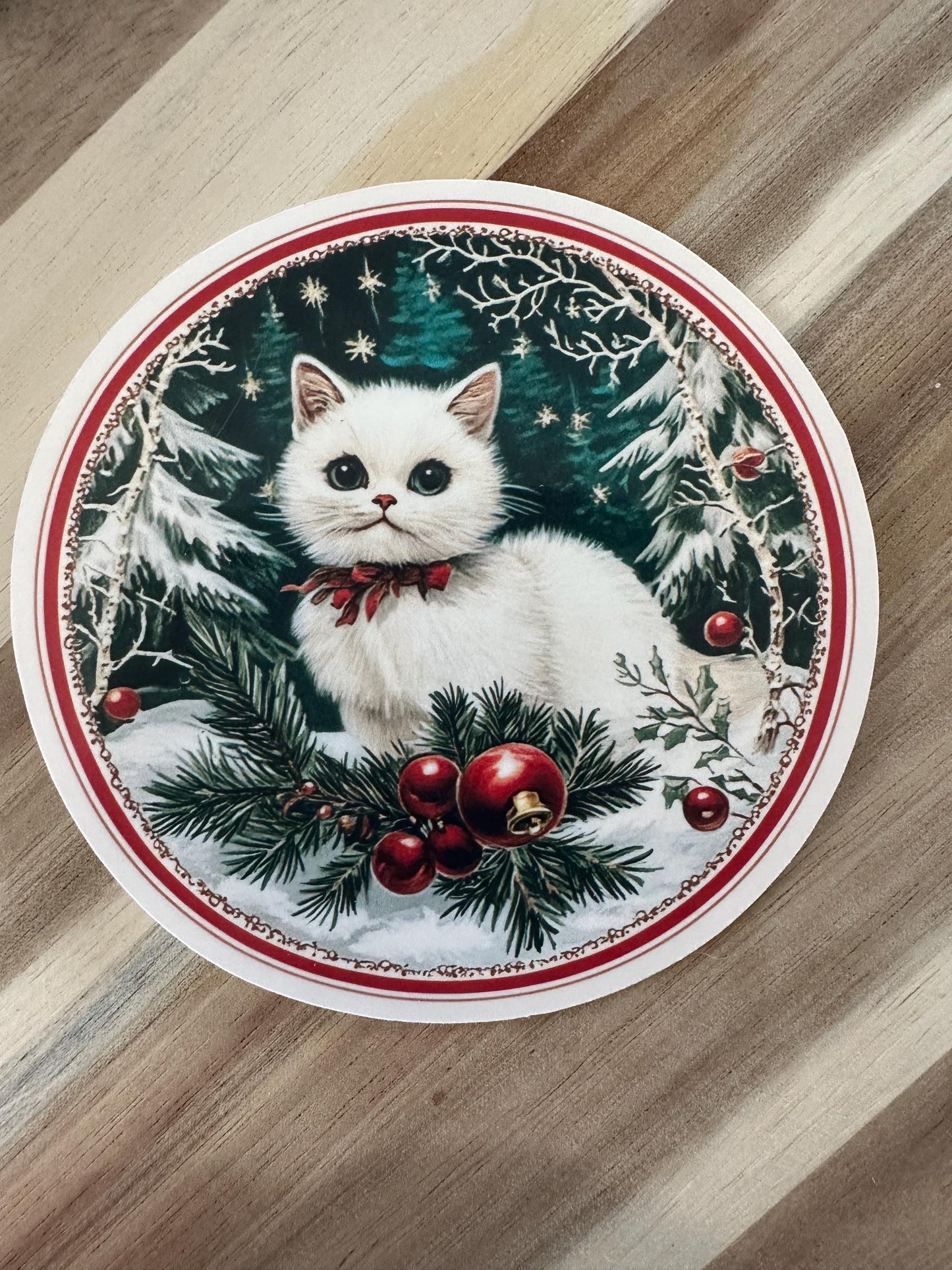 Vintage White Cat Christmas Sticker: Holiday Winter Design