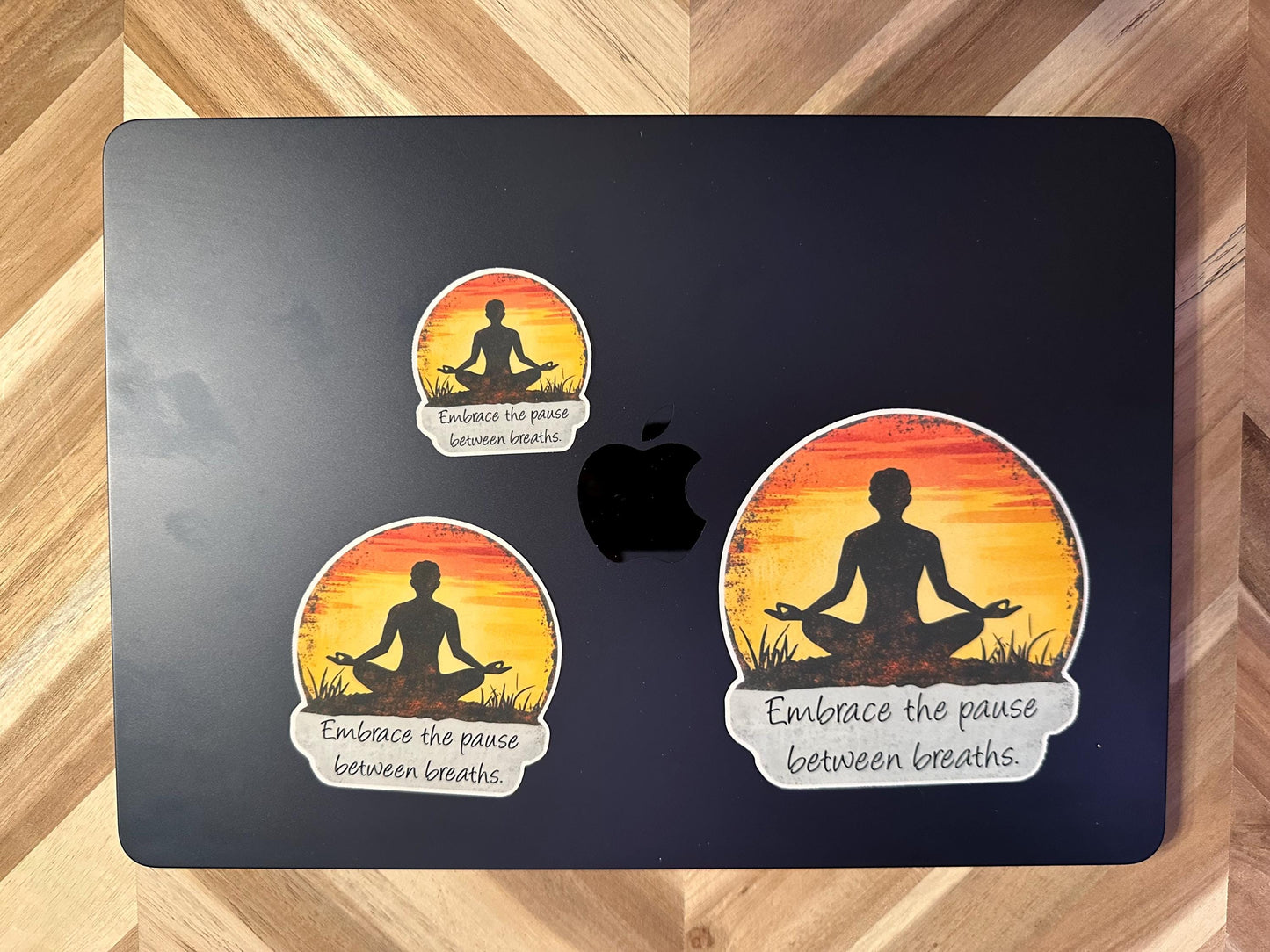 Meditation Sunset Sticker | Mindfulness Yoga Decal | "Embrace the pause between breaths" | Inspirational Quote Laptop Sticker