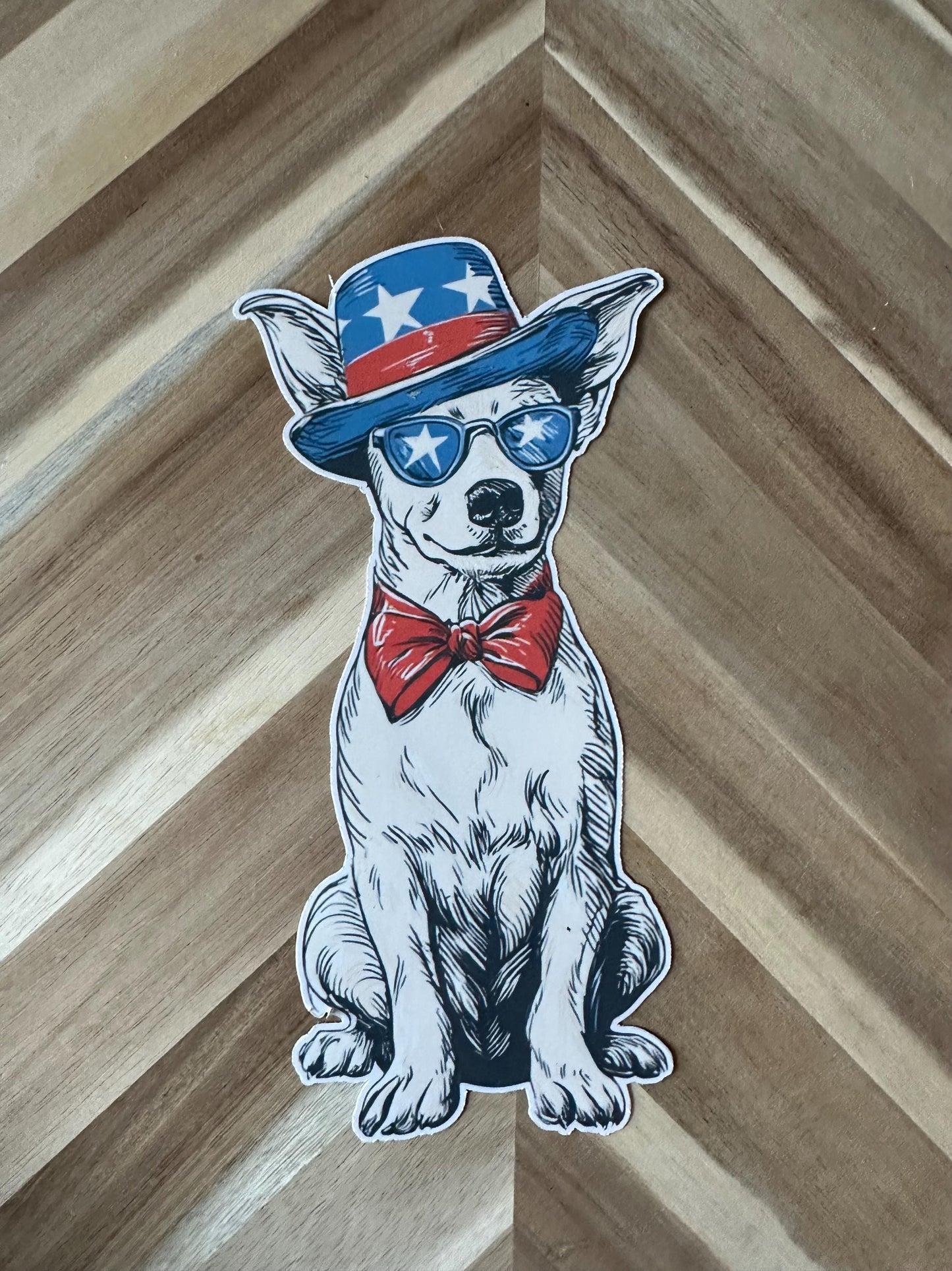 Patriotic Cowboy Dog Sticker - American Flag Chihuahua with Hat & Sunglasses - 4th of July Decal