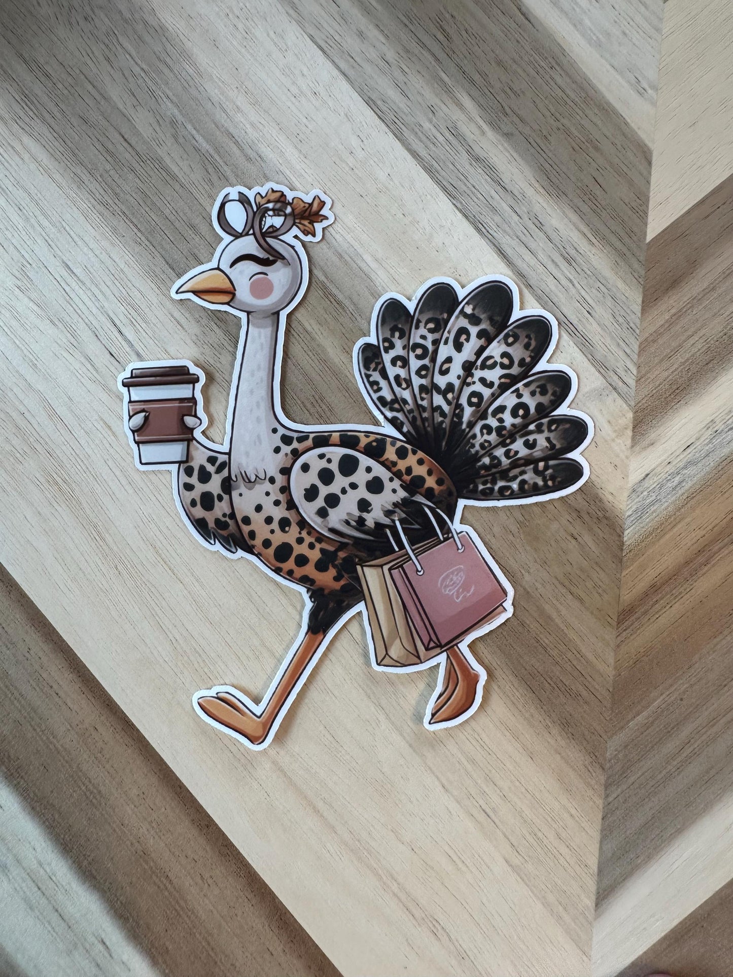 Fashionable Turkey Sticker - Leopard Print Turkey with Coffee and Purse Vinyl Sticker