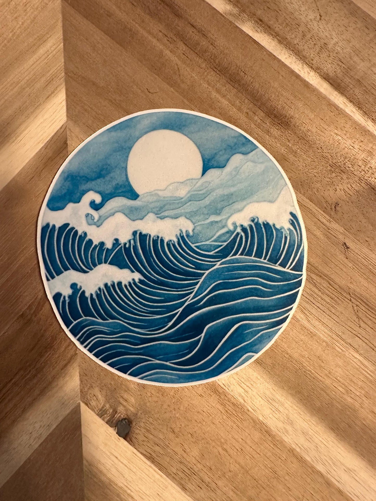 Japanese Wave Sticker: Ocean Moon Art, Blue Surf Decor