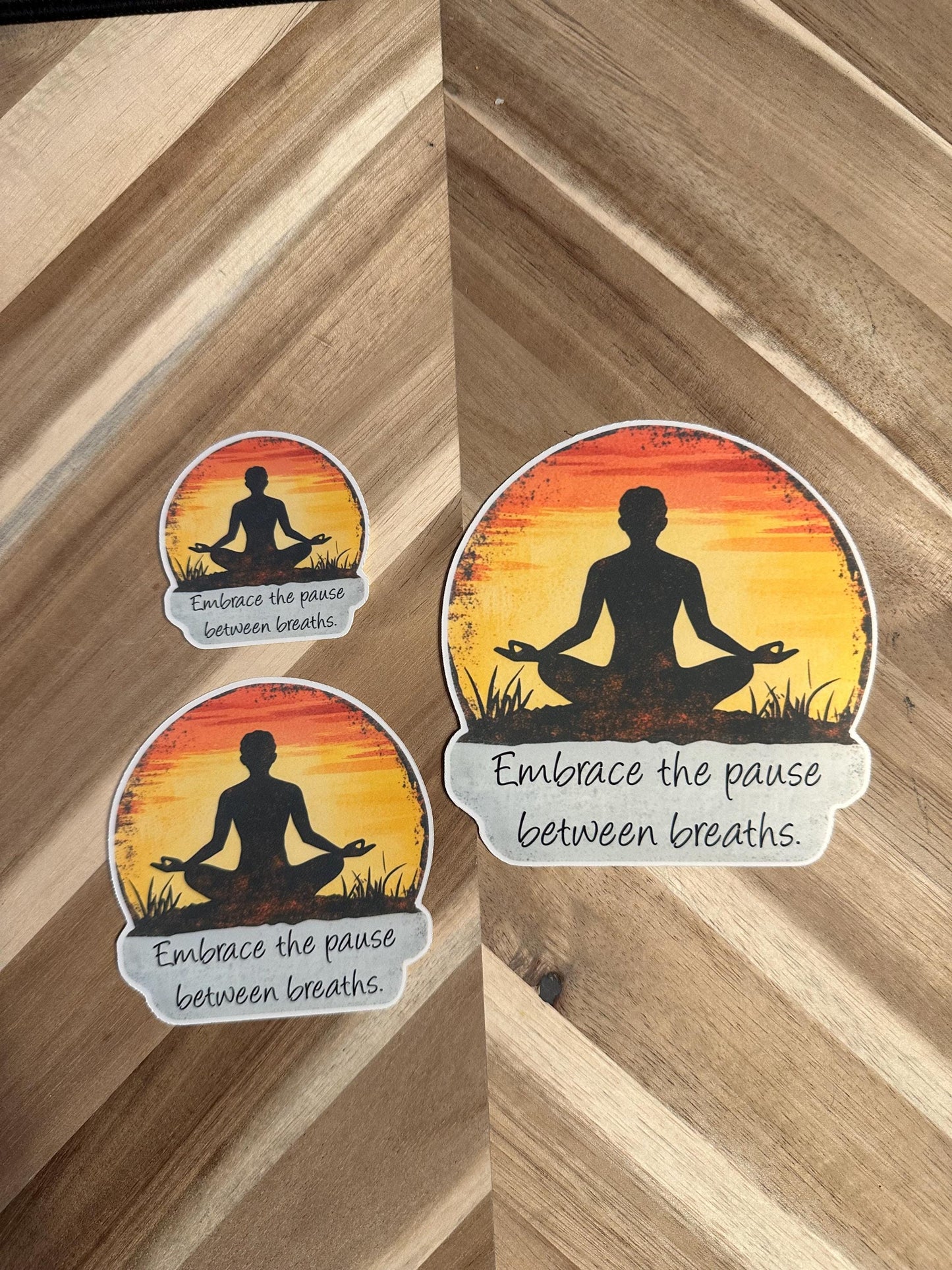 Meditation Sunset Sticker | Mindfulness Yoga Decal | "Embrace the pause between breaths" | Inspirational Quote Laptop Sticker