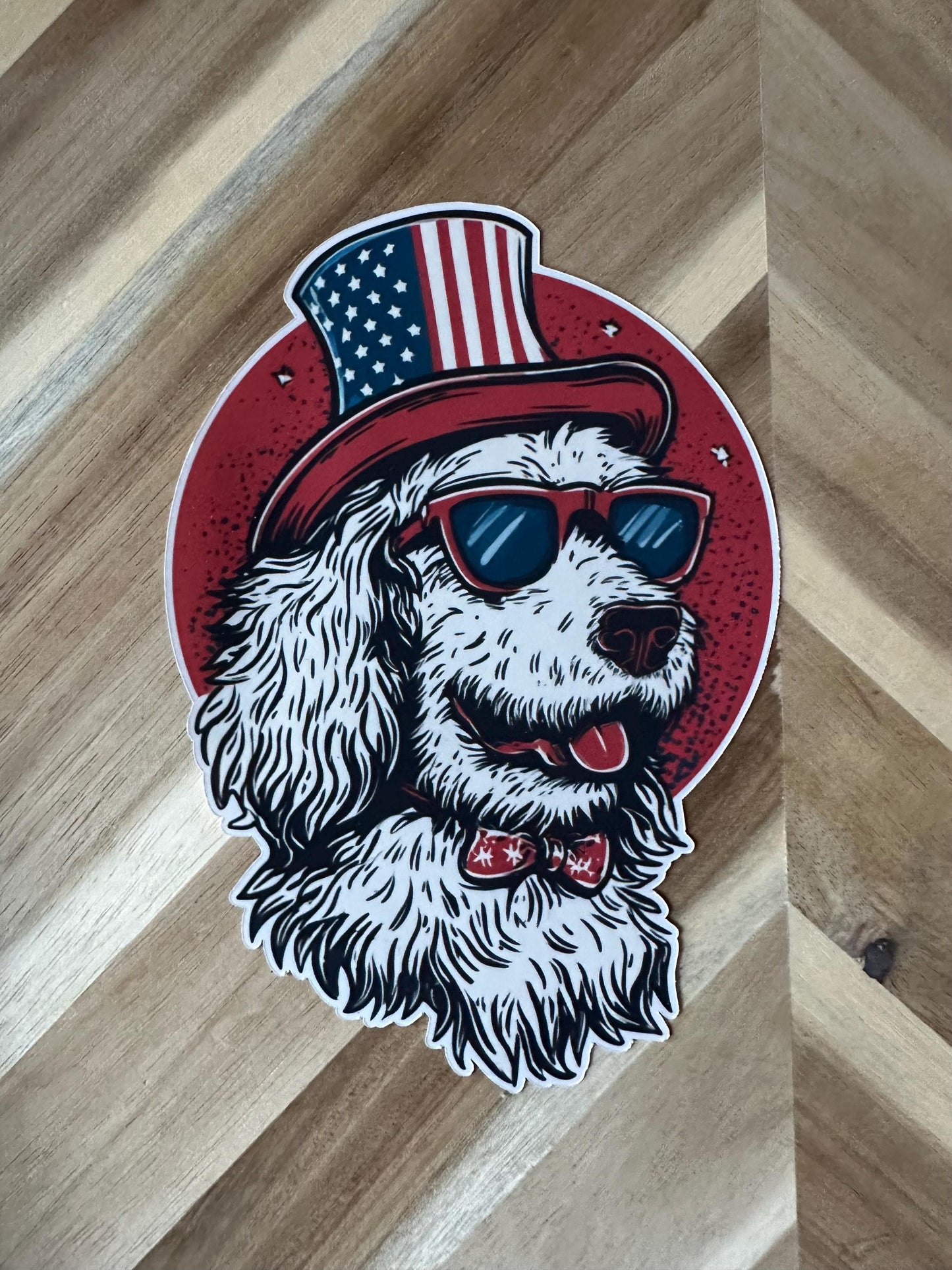 Patriotic Doodle Dog Sticker: American Flag Hat, Sunglasses - 4th of July Decal