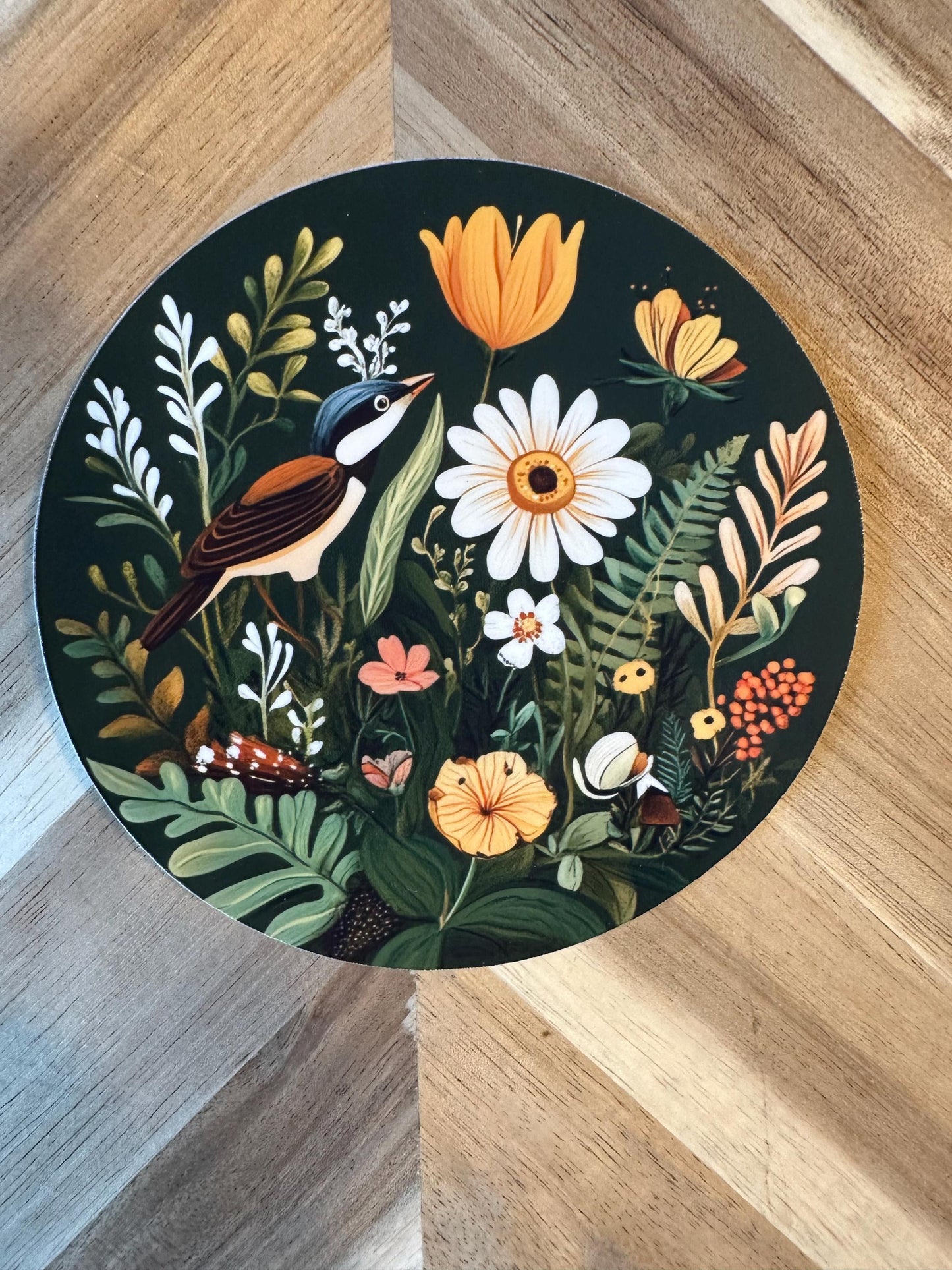 Botanical Bird Vinyl Sticker: Folk Art Wildflower Garden Decal