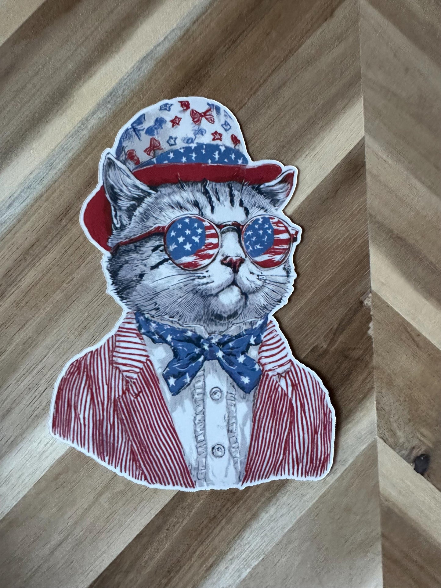 Patriotic Cat Sticker: Uncle Sam Tabby with American Flag Sunglasses