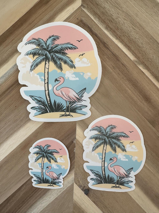 Tropical Flamingo Sticker: Pink Sunset Palm Tree Vinyl Decal