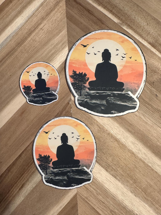 Buddha Sunset Sticker: Zen Meditation Vinyl Decal