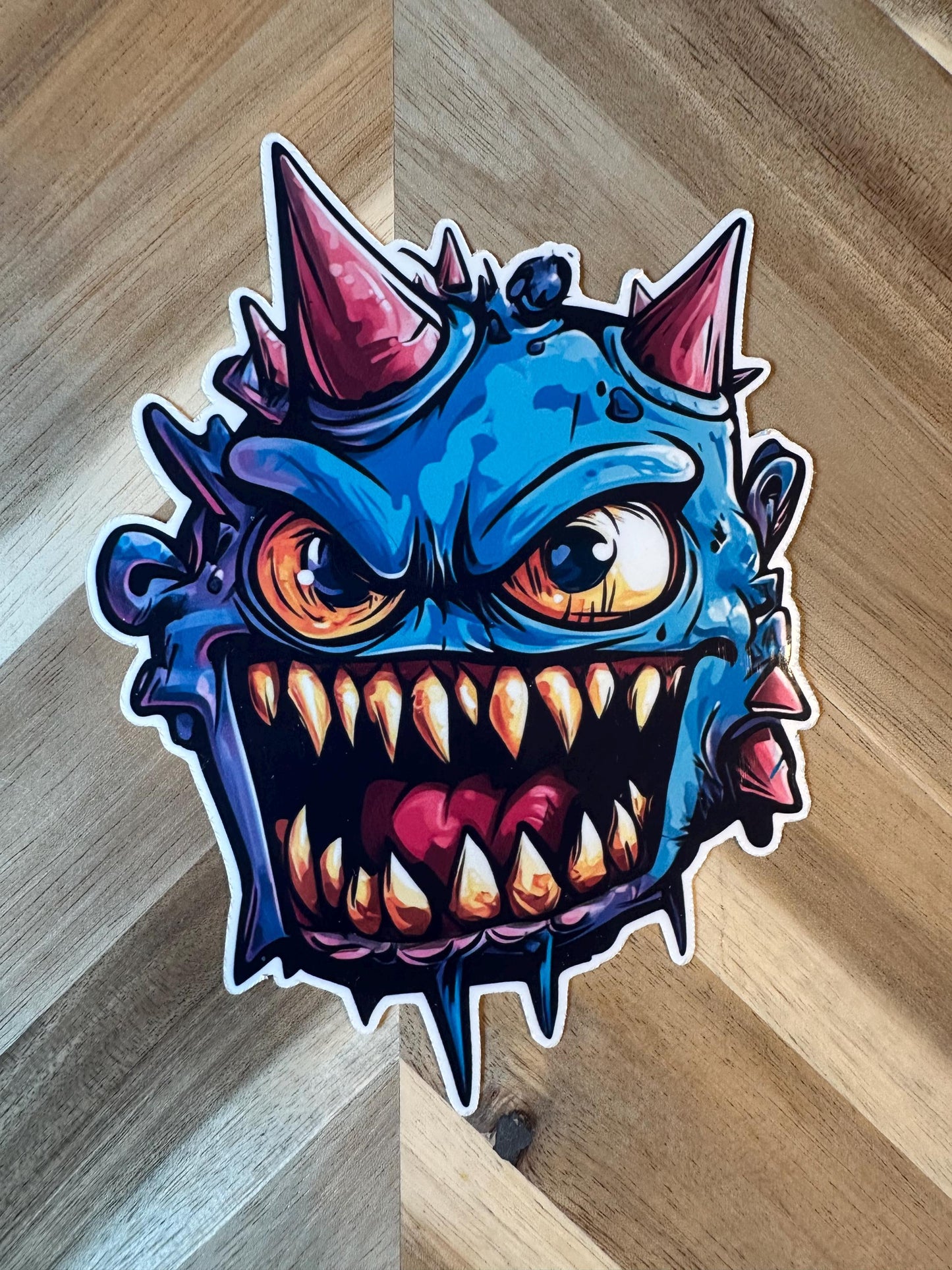 Blue Horned Monster Vinyl Sticker | Scary Creature Decal | Laptop Horror Art | Waterproof Car Stickers