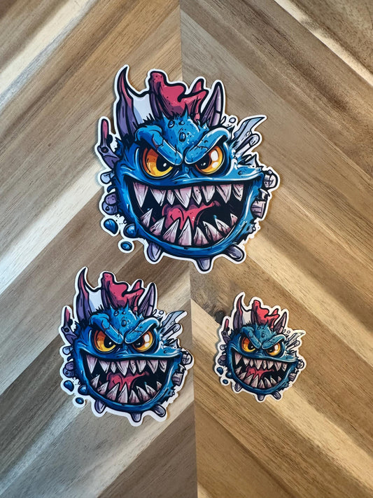 Blue Monster Sticker | Creepy Cute Vinyl Decal | Fantasy Creature Art | Gaming Monster Illustration | Sharp Teeth Design