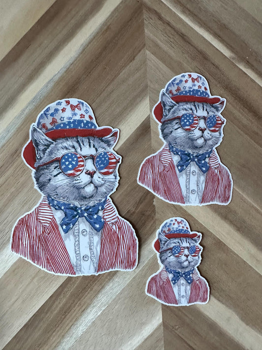 Patriotic Cat Sticker: Uncle Sam Tabby with American Flag Sunglasses