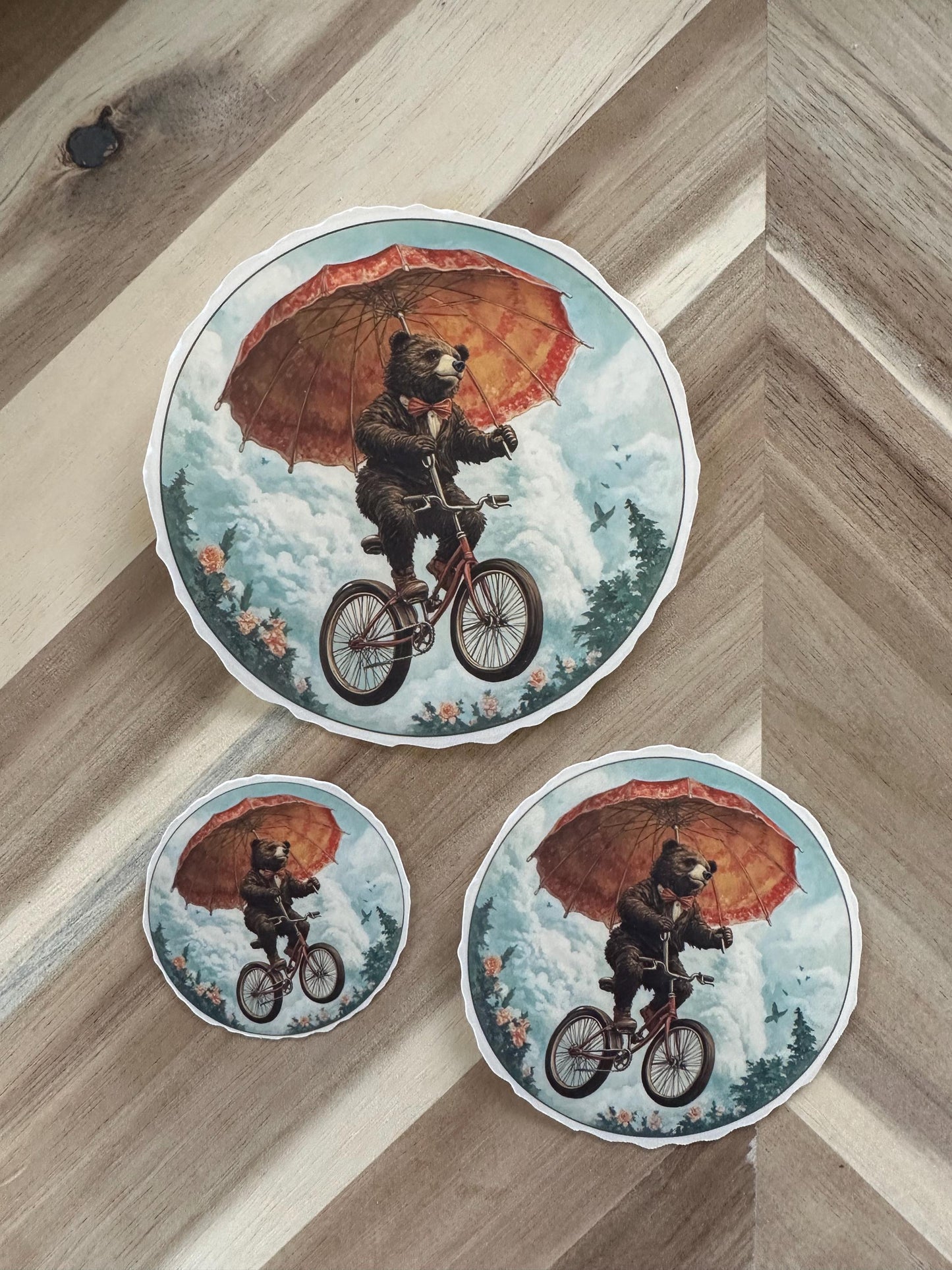 Charming Rainy Day Bicycle Ride Sticker - Whimsical Bear Vinyl Decal