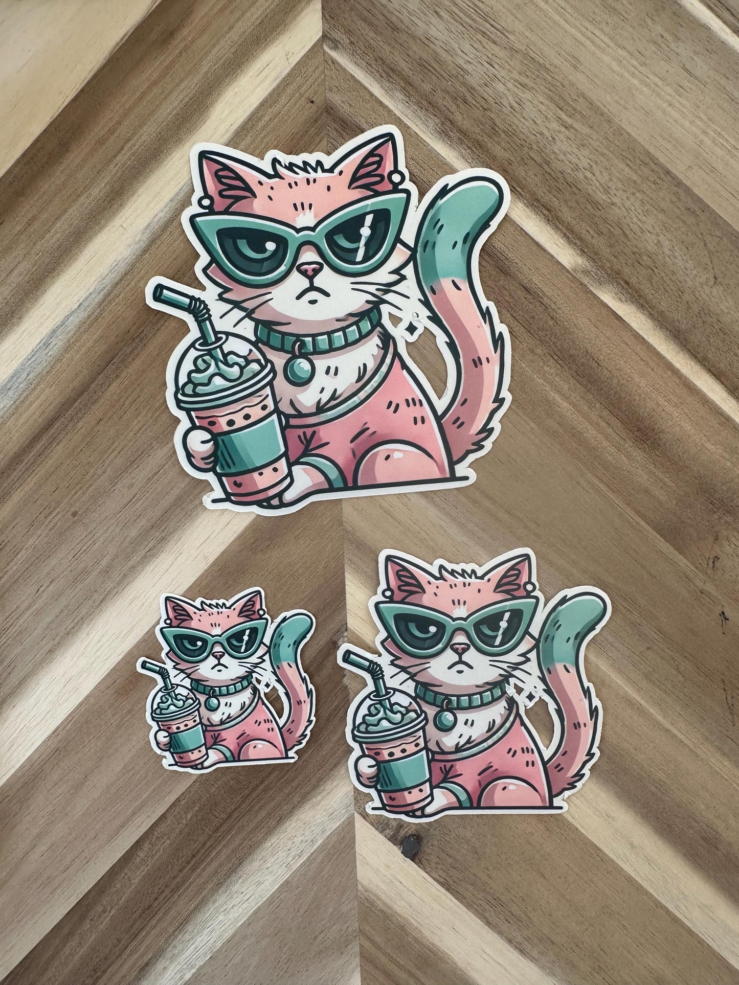 Cool Coffee Cat Sticker | Grumpy Pink Kitty Die Cut Vinyl Decal | Waterproof Laptop Sticker | Cat Lover Gift | Kawaii Iced Coffee