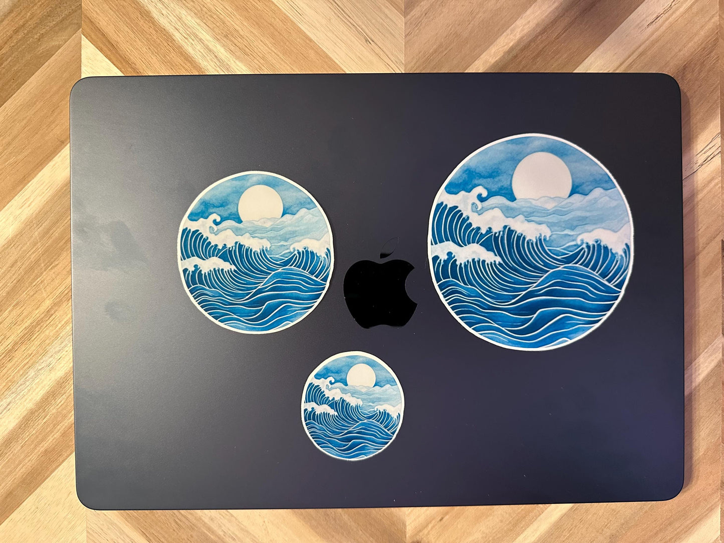 Japanese Wave Sticker: Ocean Moon Art, Blue Surf Decor