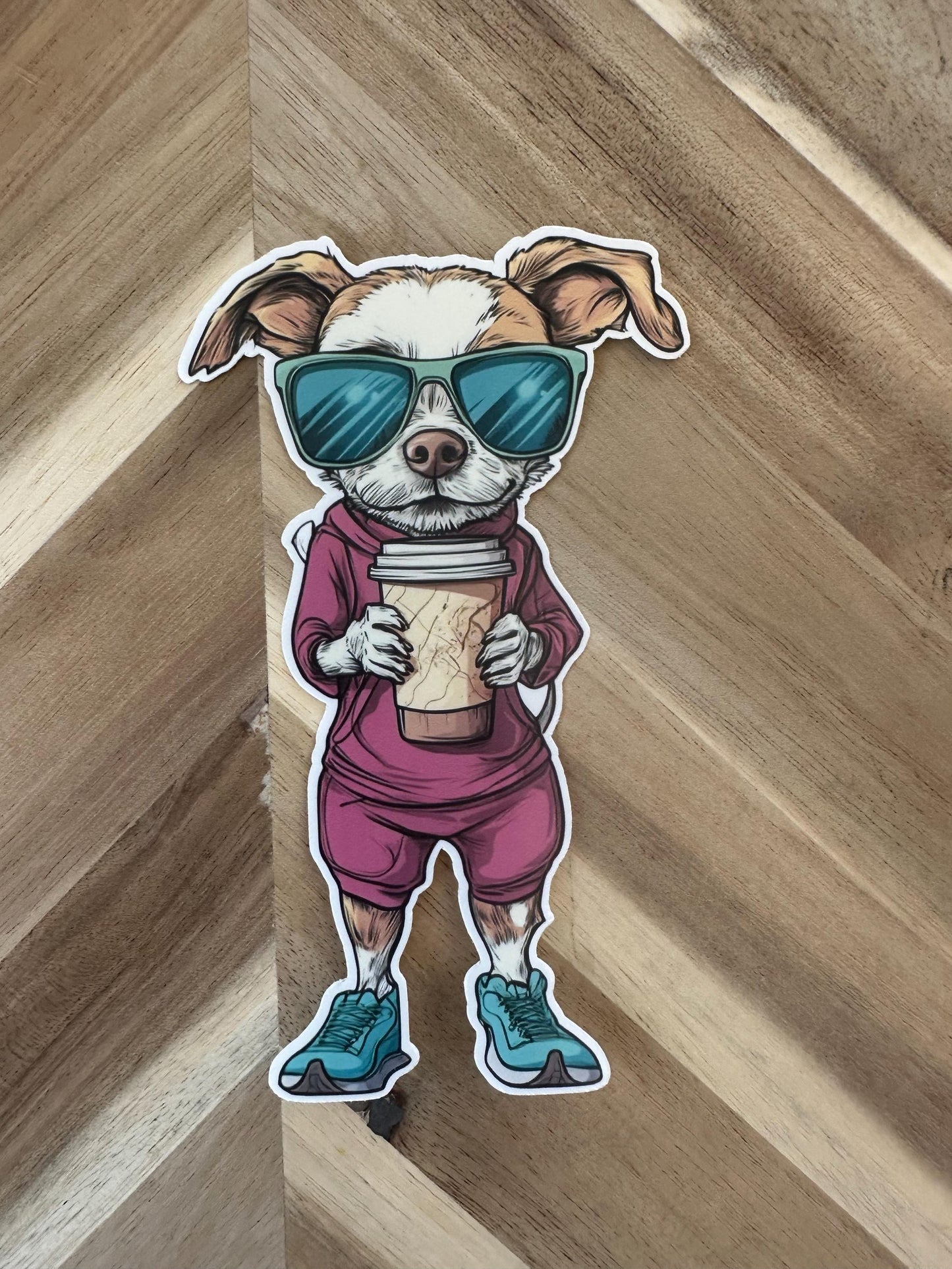 Coffee Lover Dog Vinyl Sticker | Cool Puppy with Coffee Cup | Cute Animal Decal | Funny Pet Sticker for Laptops, Water Bottles