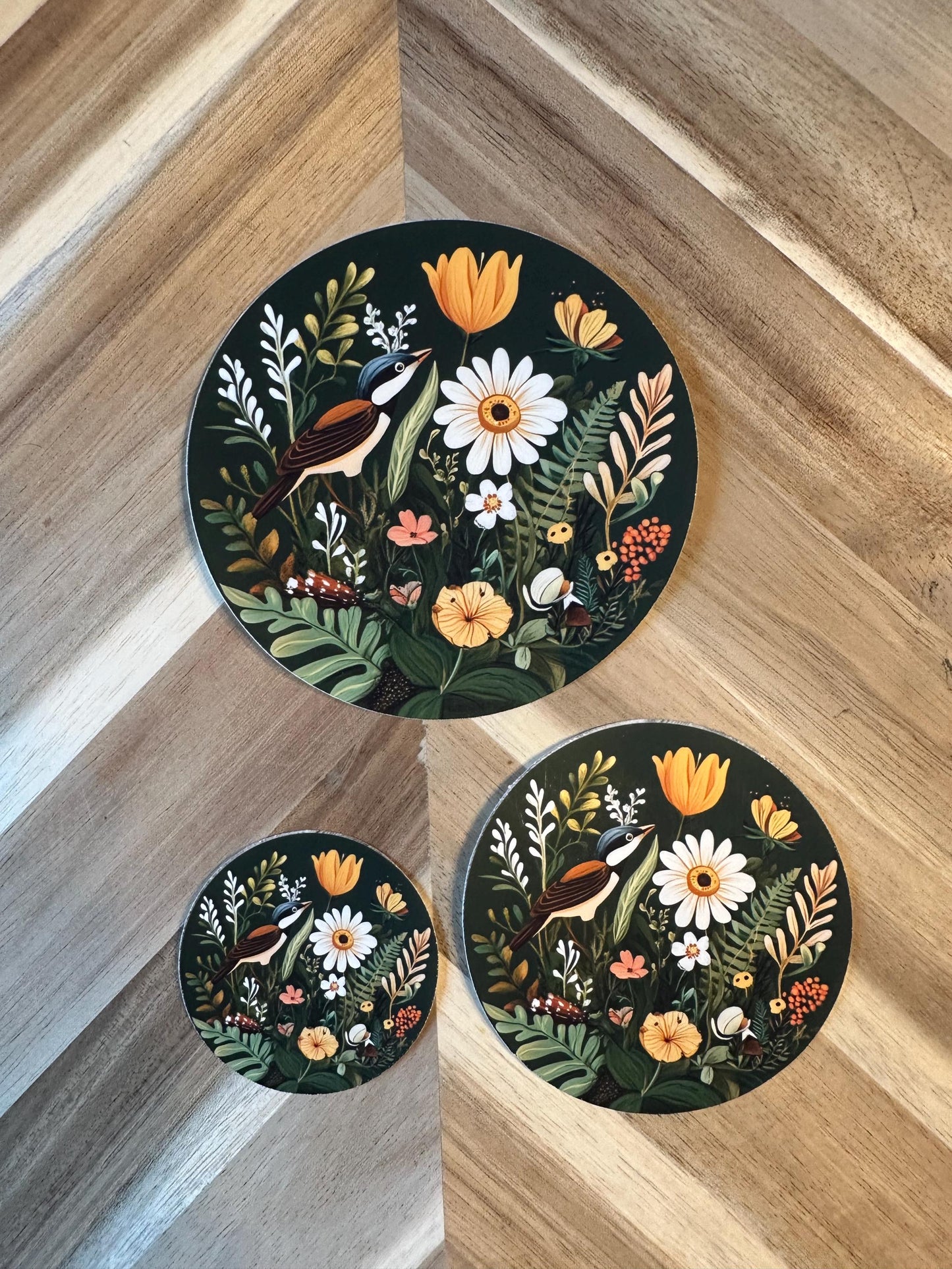 Botanical Bird Vinyl Sticker: Folk Art Wildflower Garden Decal