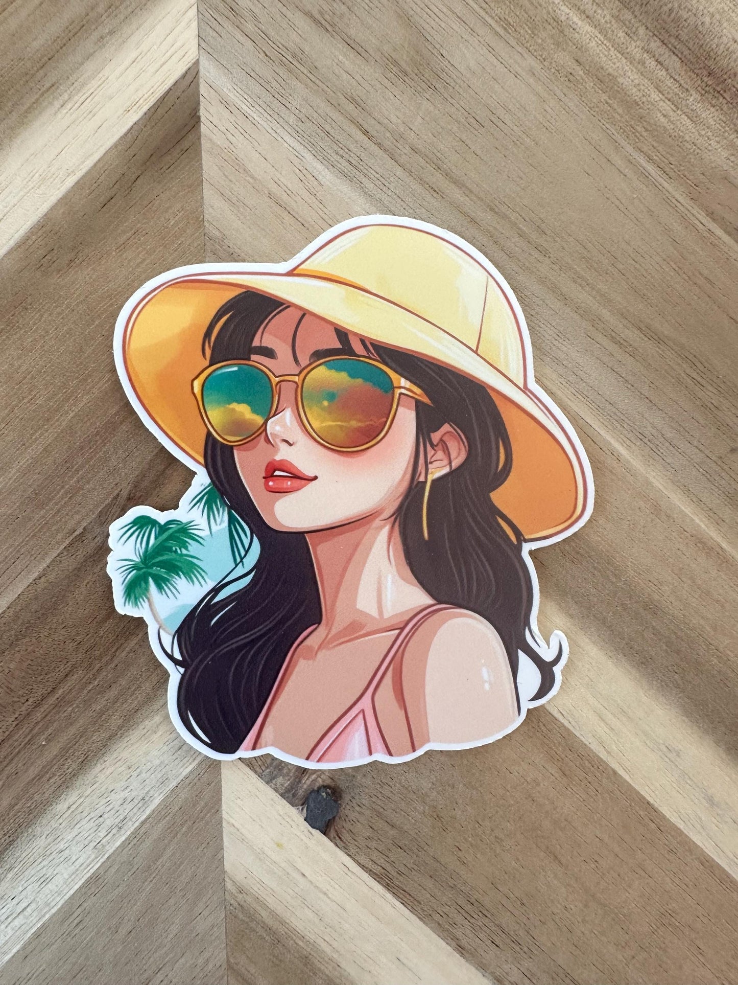 Beach Girl Sticker: Tropical Palm Tree Reflection, Laptop Decal