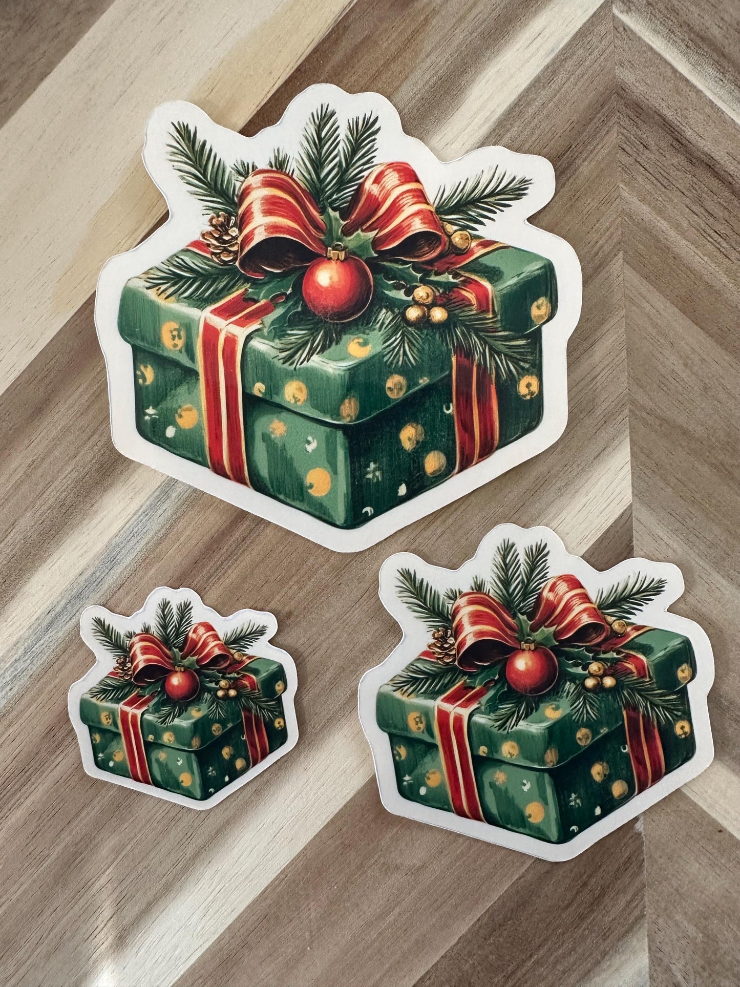 Vintage Christmas Present Die-Cut Sticker | Holiday Gift Box Design