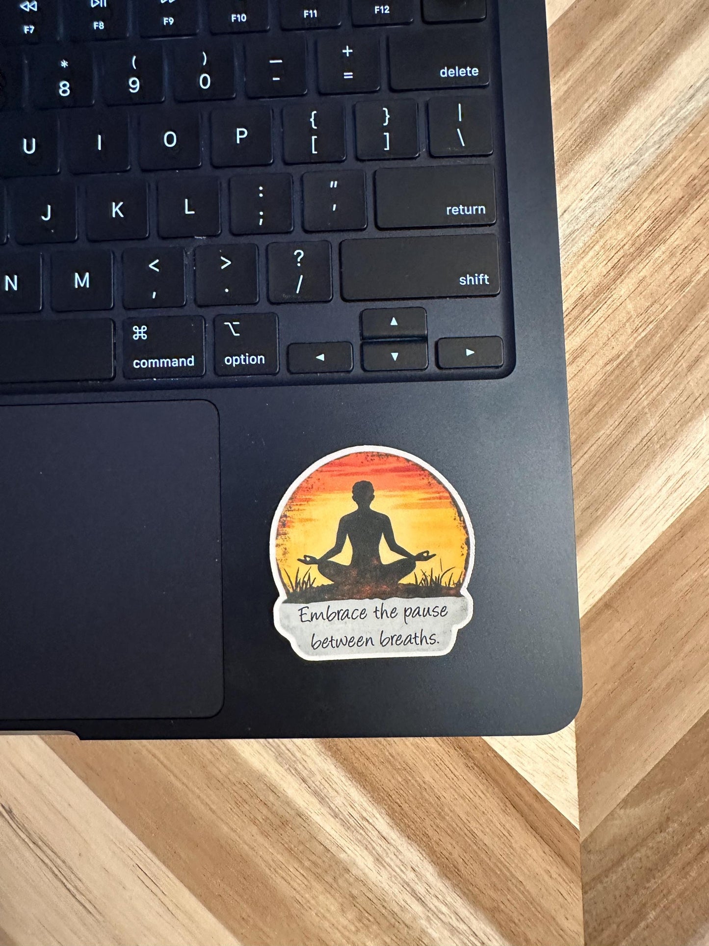 Meditation Sunset Sticker | Mindfulness Yoga Decal | "Embrace the pause between breaths" | Inspirational Quote Laptop Sticker