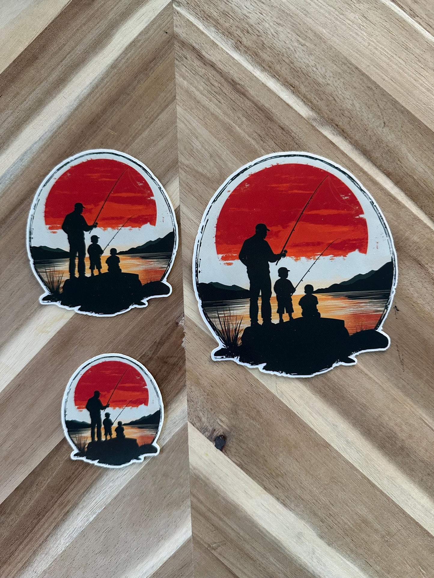 Fishing Sunset Silhouette Sticker: Father & Kids Vinyl Decal