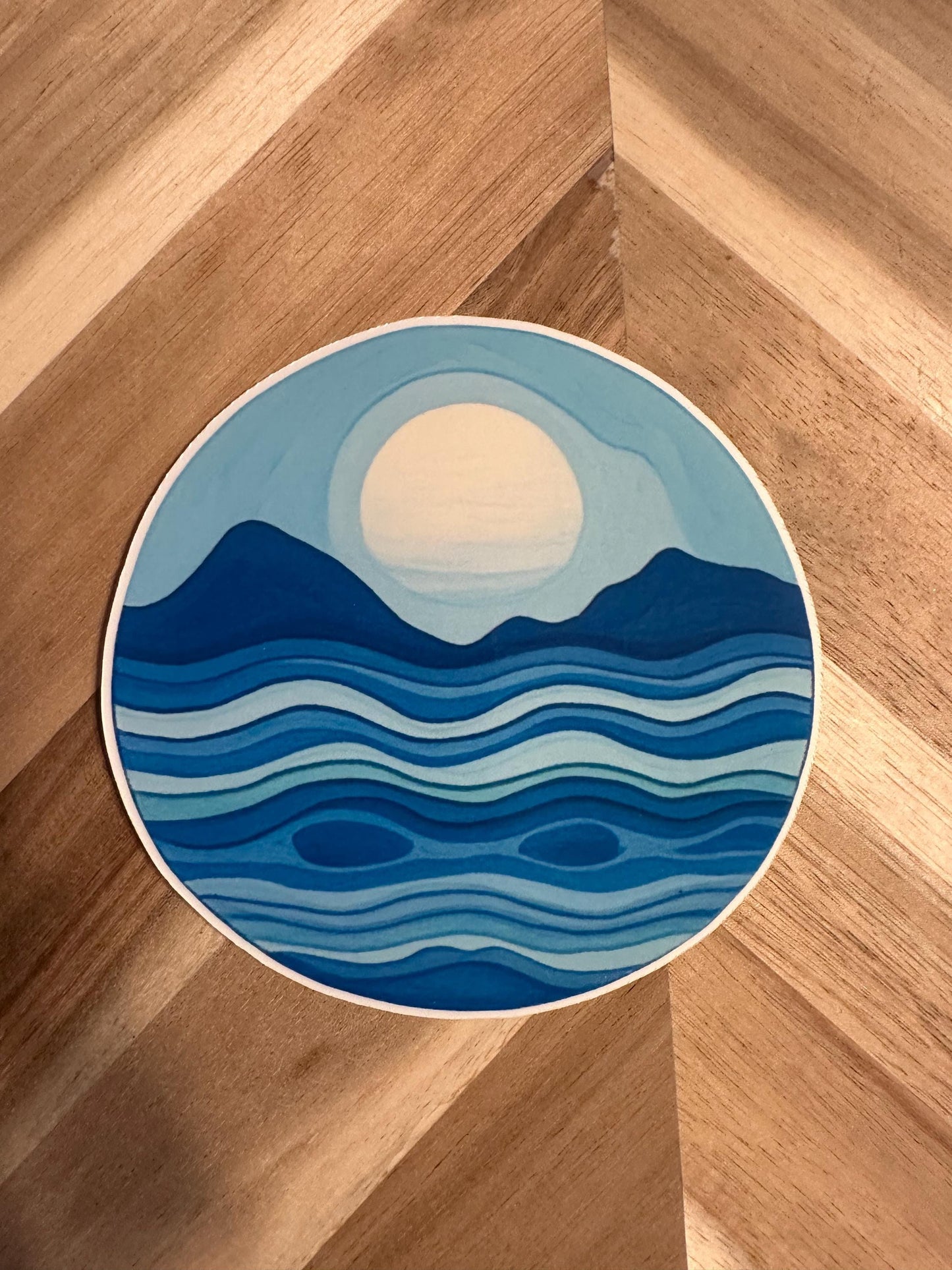 Ocean Waves Sticker: Minimalist Blue Mountain & Moon Decal