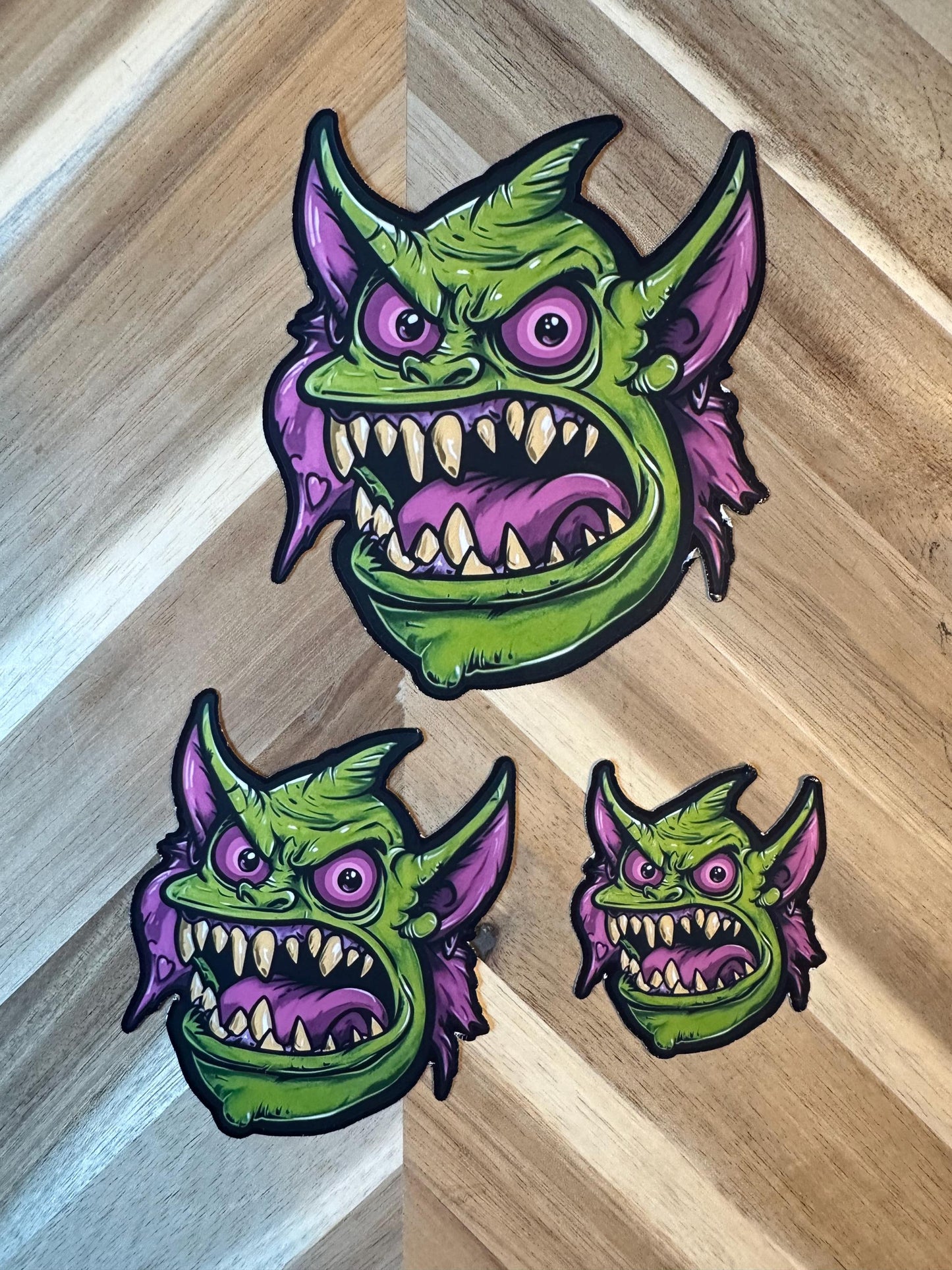 Green Bat Demon Vinyl Sticker | Glossy Monster Decal | Purple & Green Creature | Waterproof Laptop Decoration | Halloween Horror Collection