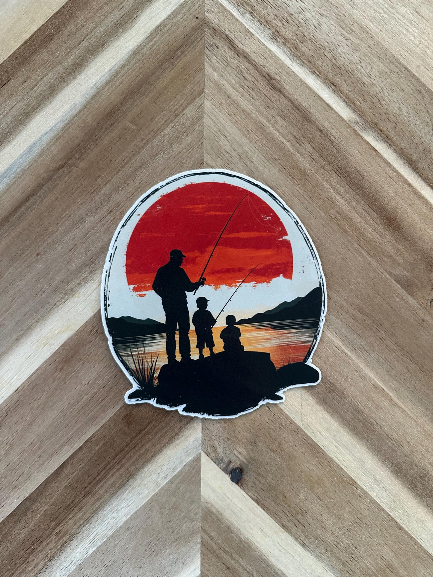Fishing Sunset Silhouette Sticker: Father & Kids Vinyl Decal