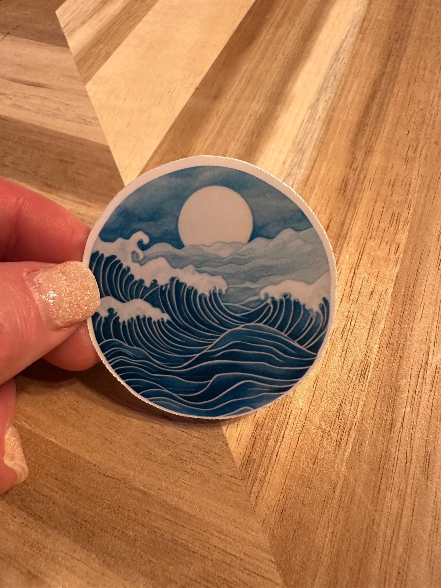 Japanese Wave Sticker: Ocean Moon Art, Blue Surf Decor