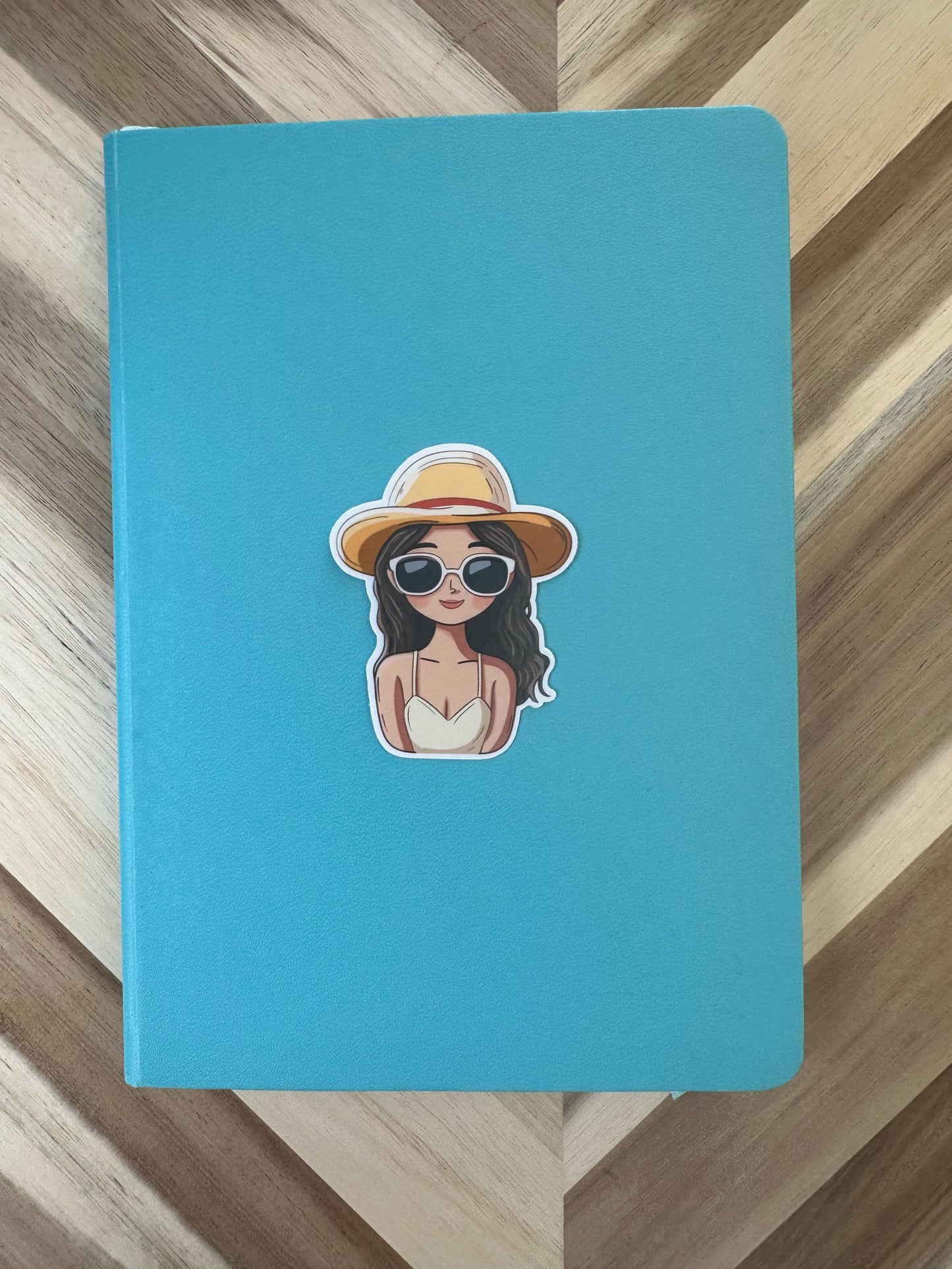 Cute Beach Girl Sticker | Summer Hat Sunglasses Die Cut Vinyl Decal | Waterproof Laptop Sticker | Aesthetic Vacation Vibes