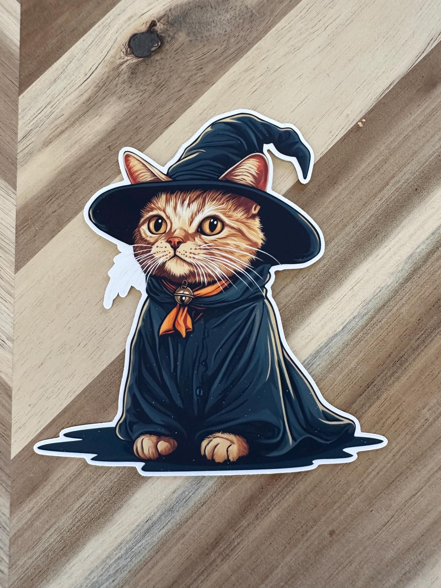 Witch Cat Halloween Sticker: Orange Tabby Vinyl Decal