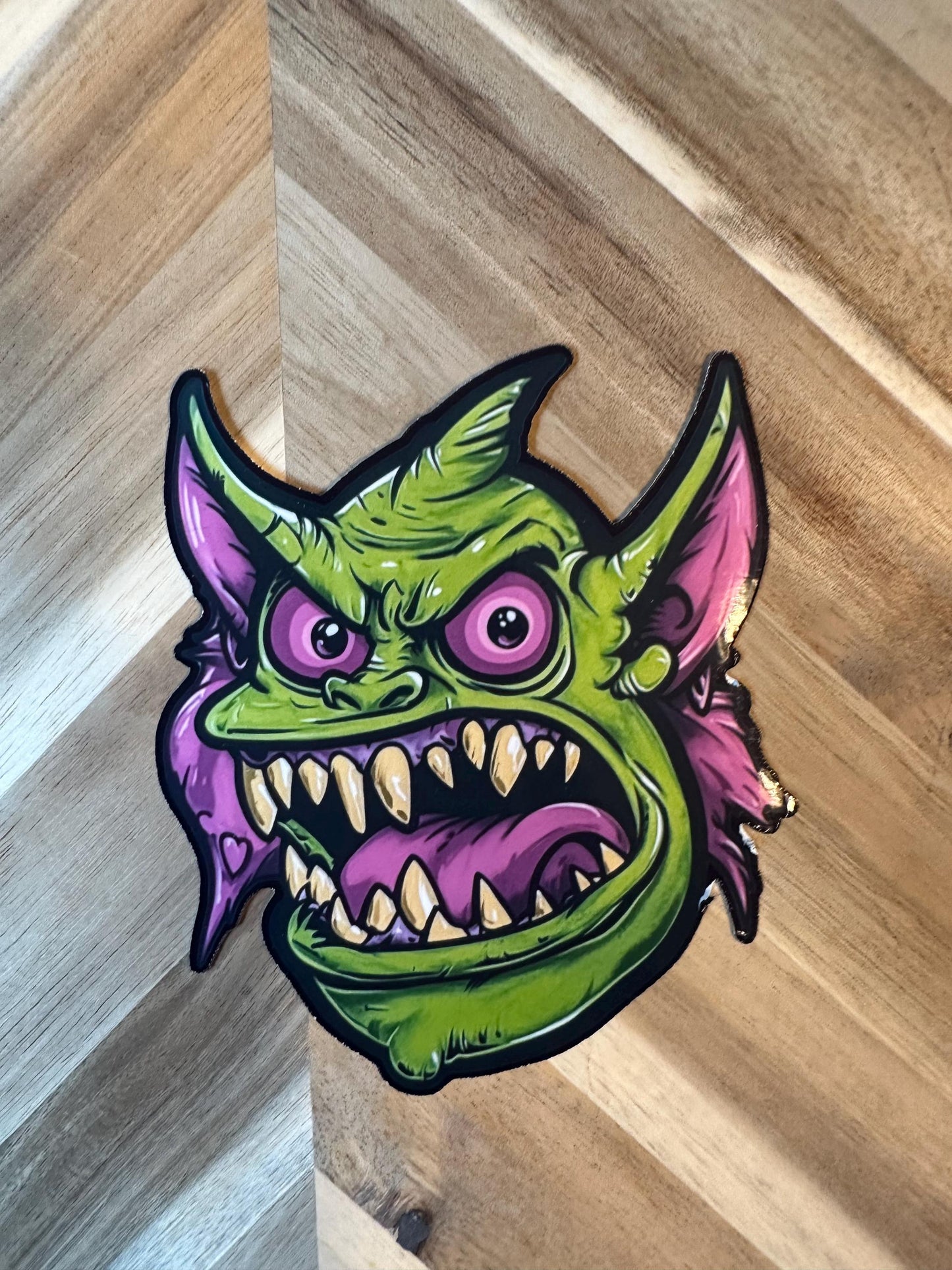 Green Bat Demon Vinyl Sticker | Glossy Monster Decal | Purple & Green Creature | Waterproof Laptop Decoration | Halloween Horror Collection