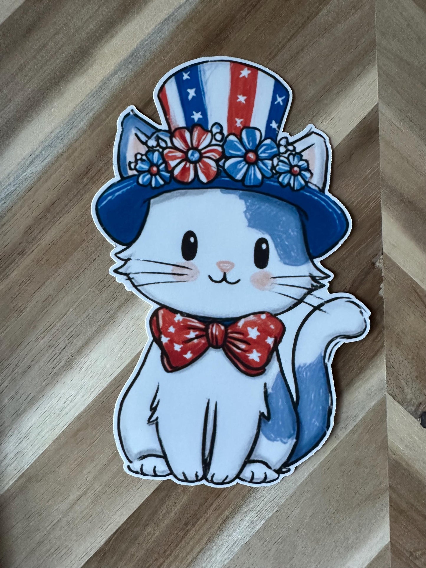 Patriotic Kawaii Cat Sticker: Uncle Sam Hat, Flower Crown - 4th of July Decal