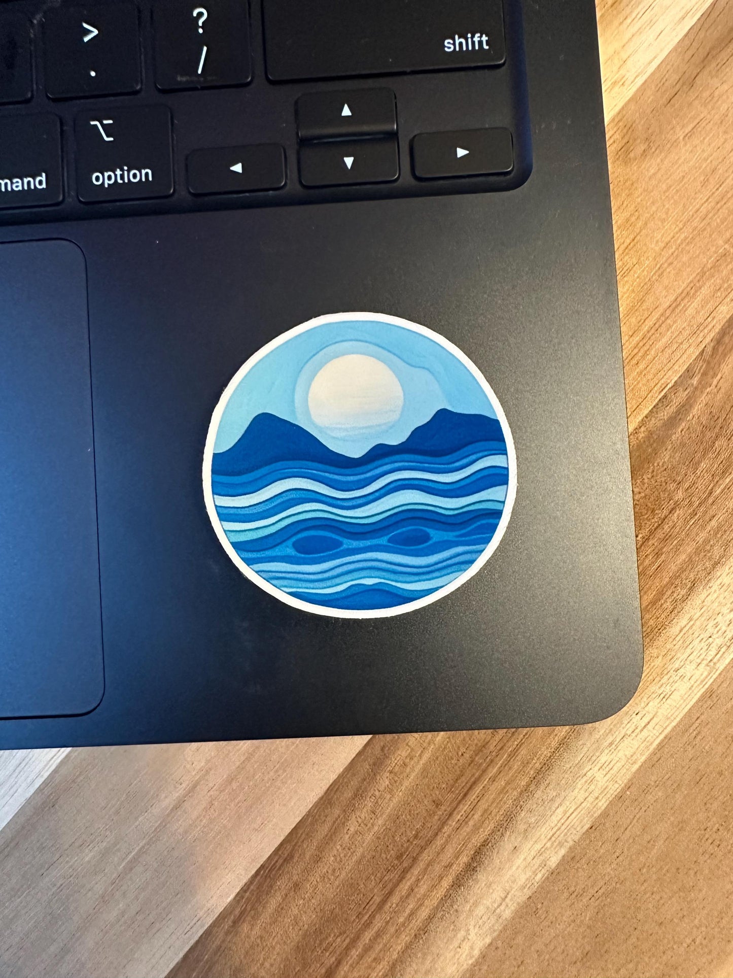 Ocean Waves Sticker: Minimalist Blue Mountain & Moon Decal