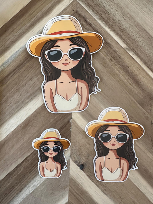 Cute Beach Girl Sticker | Summer Hat Sunglasses Die Cut Vinyl Decal | Waterproof Laptop Sticker | Aesthetic Vacation Vibes