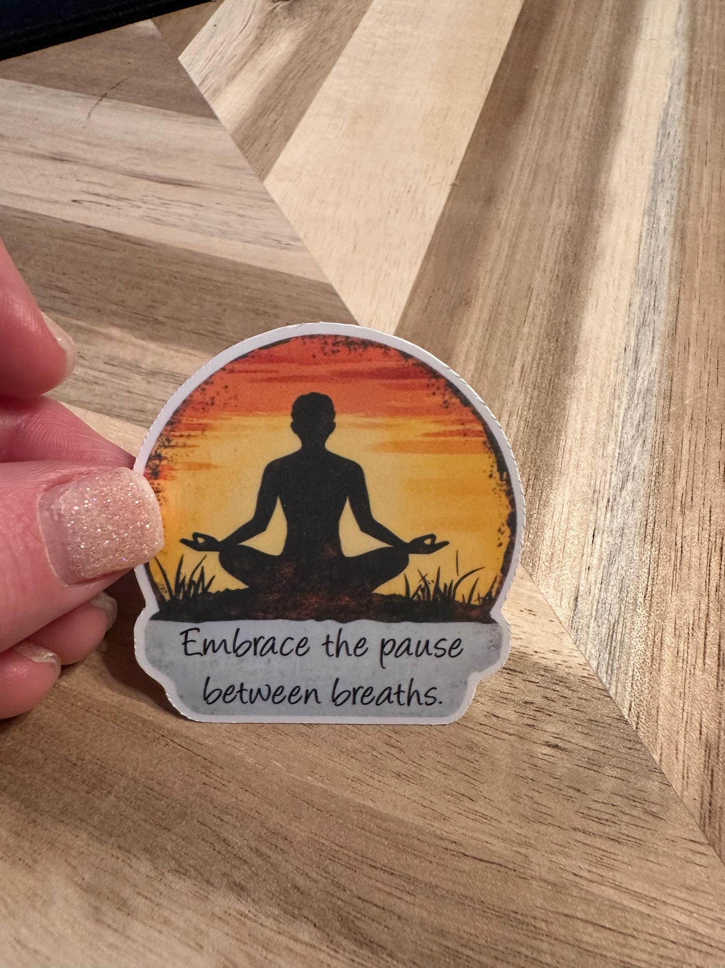Meditation Sunset Sticker | Mindfulness Yoga Decal | "Embrace the pause between breaths" | Inspirational Quote Laptop Sticker