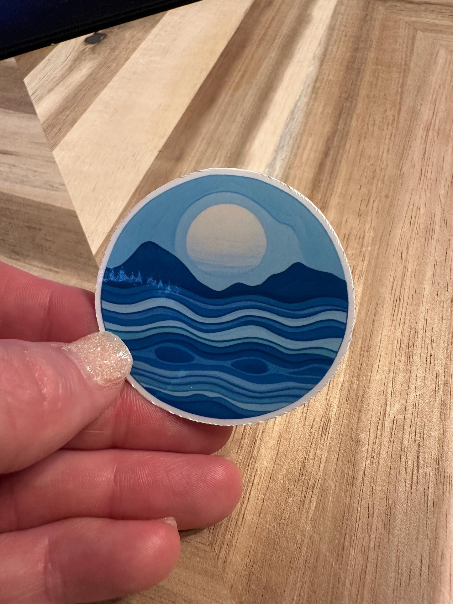 Ocean Waves Sticker: Minimalist Blue Mountain & Moon Decal