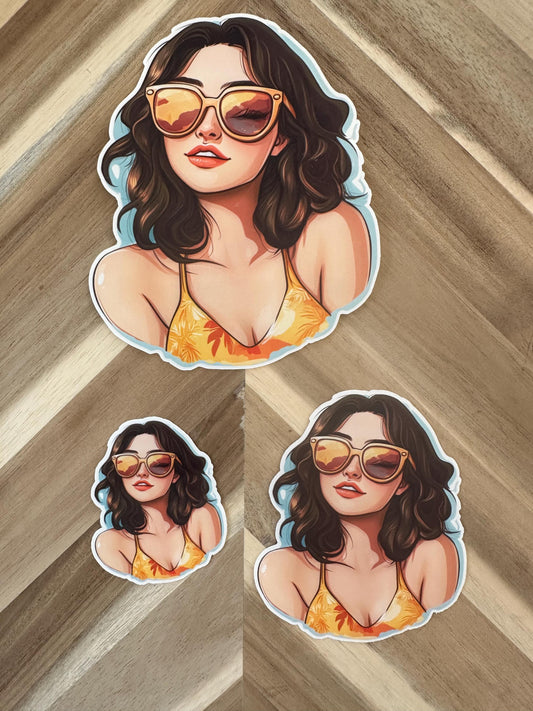 Summer Vibes Girl Sticker | Aesthetic Sunglasses Fashion Die Cut | Waterproof Vinyl Decal | Beach Bikini Art | Laptop Tumbler Sticker