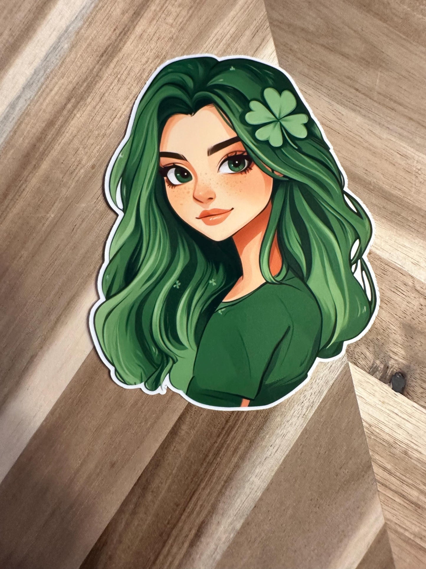 Green Hair Shamrock Girl Sticker: Irish Anime Art Vinyl Decal