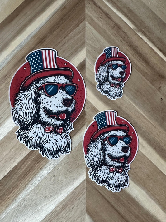 Patriotic Doodle Dog Sticker: American Flag Hat, Sunglasses - 4th of July Decal