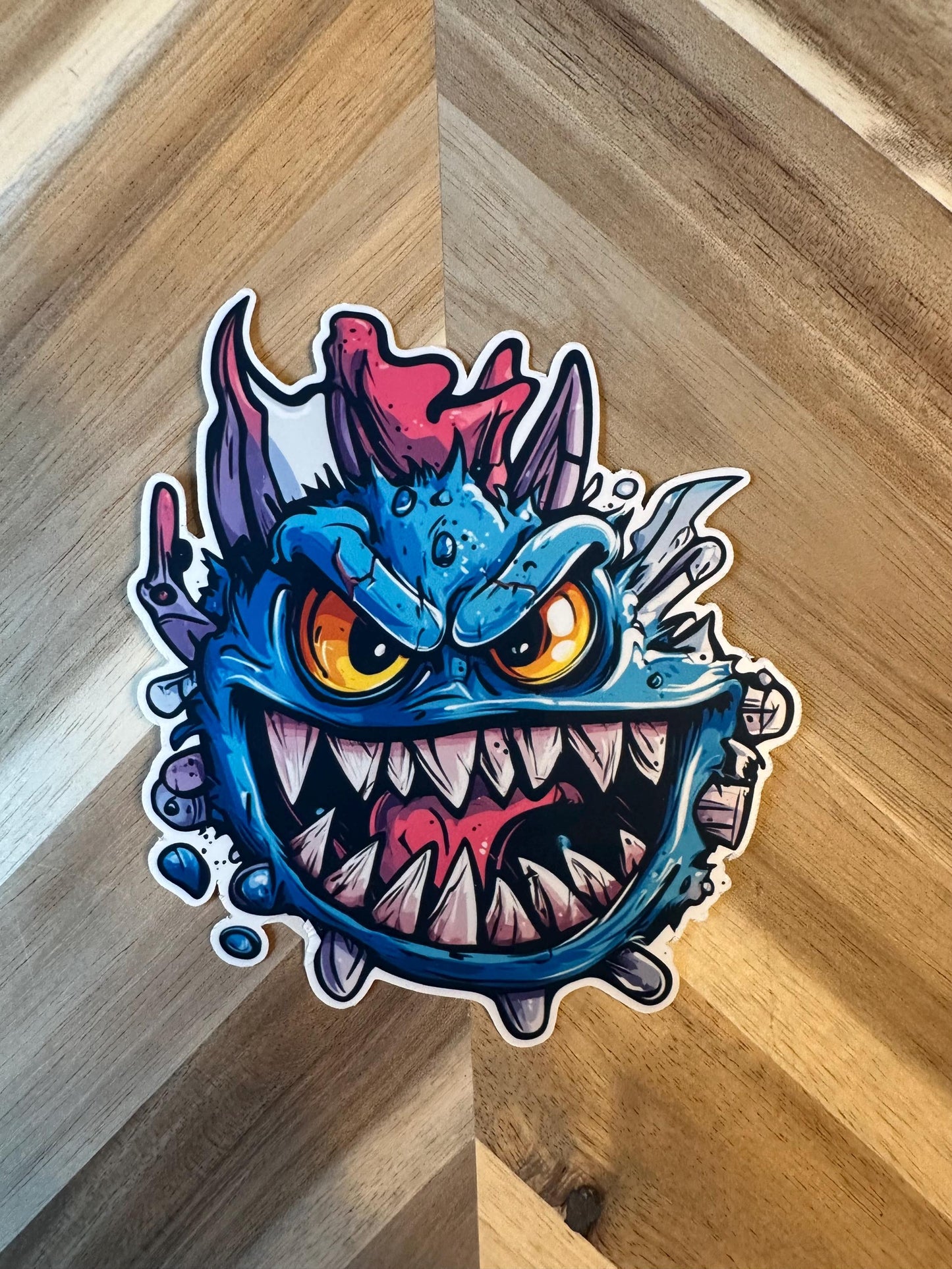 Blue Monster Sticker | Creepy Cute Vinyl Decal | Fantasy Creature Art | Gaming Monster Illustration | Sharp Teeth Design