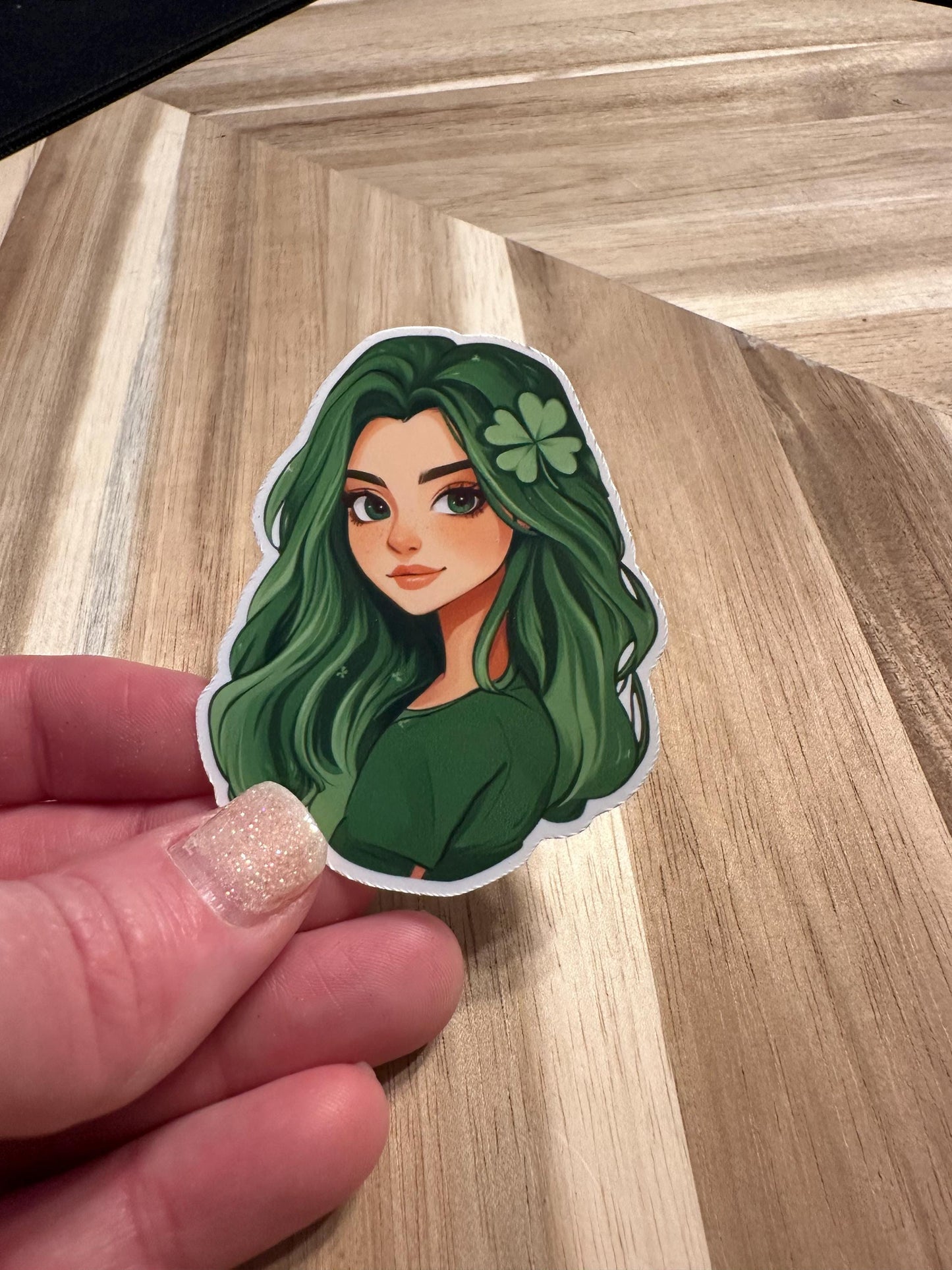Green Hair Shamrock Girl Sticker: Irish Anime Art Vinyl Decal