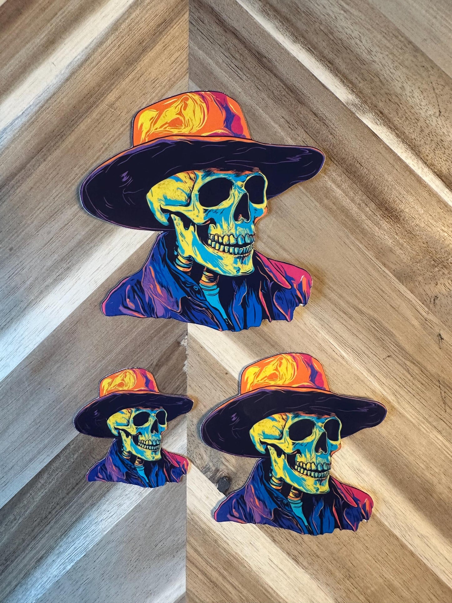 Neon Cowboy Skull Sticker | Psychedelic Western Skeleton Vinyl Decal | Colorful Day of the Dead Art