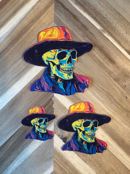Neon Cowboy Skull Sticker | Psychedelic Western Skeleton Vinyl Decal | Colorful Day of the Dead Art