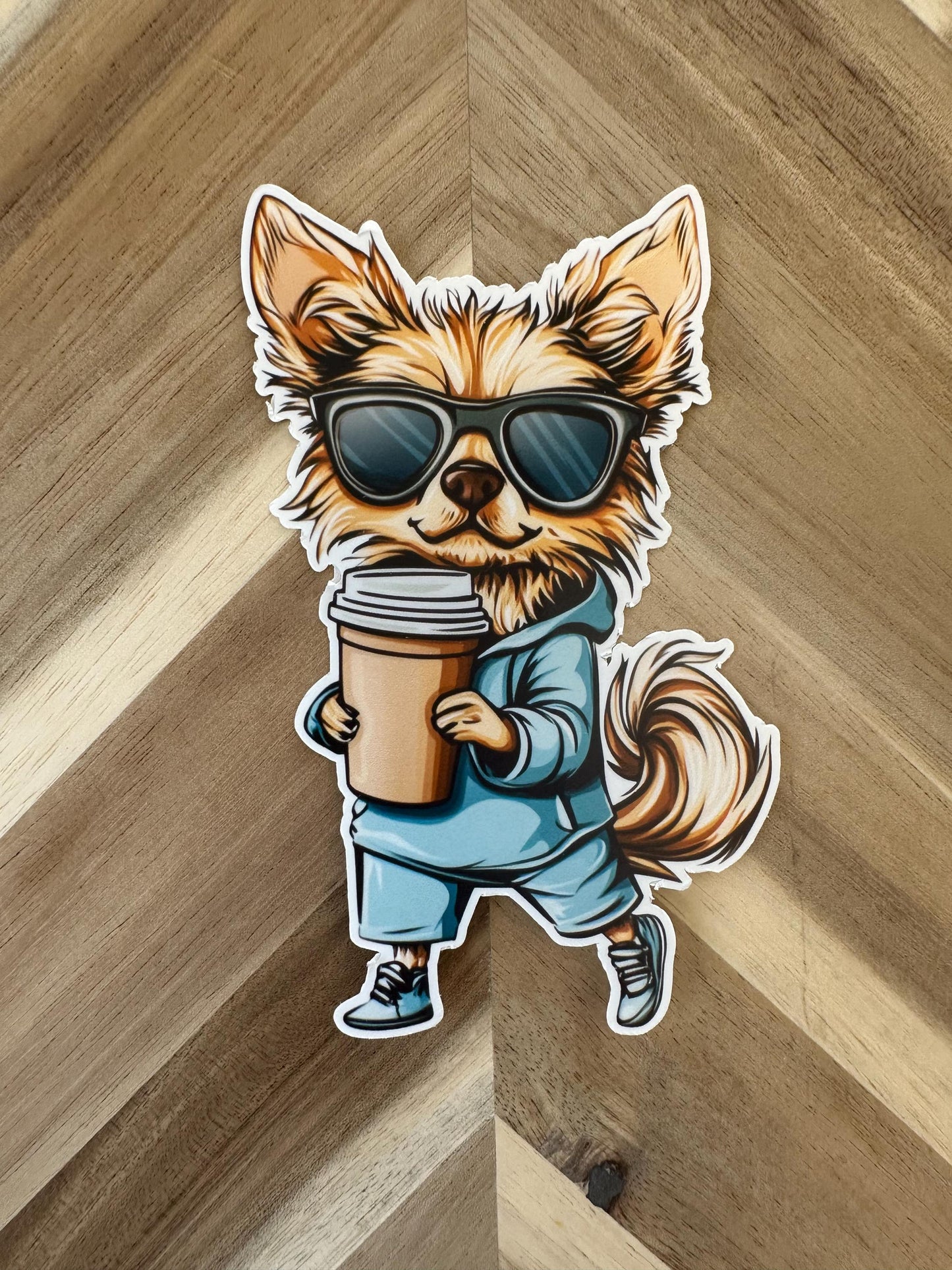 Cool Yorkie Vinyl Sticker | Yorkshire Terrier with Coffee | Cute Dog Decal | Pet Lover Gift | Laptop, Water Bottle, Car Decoration