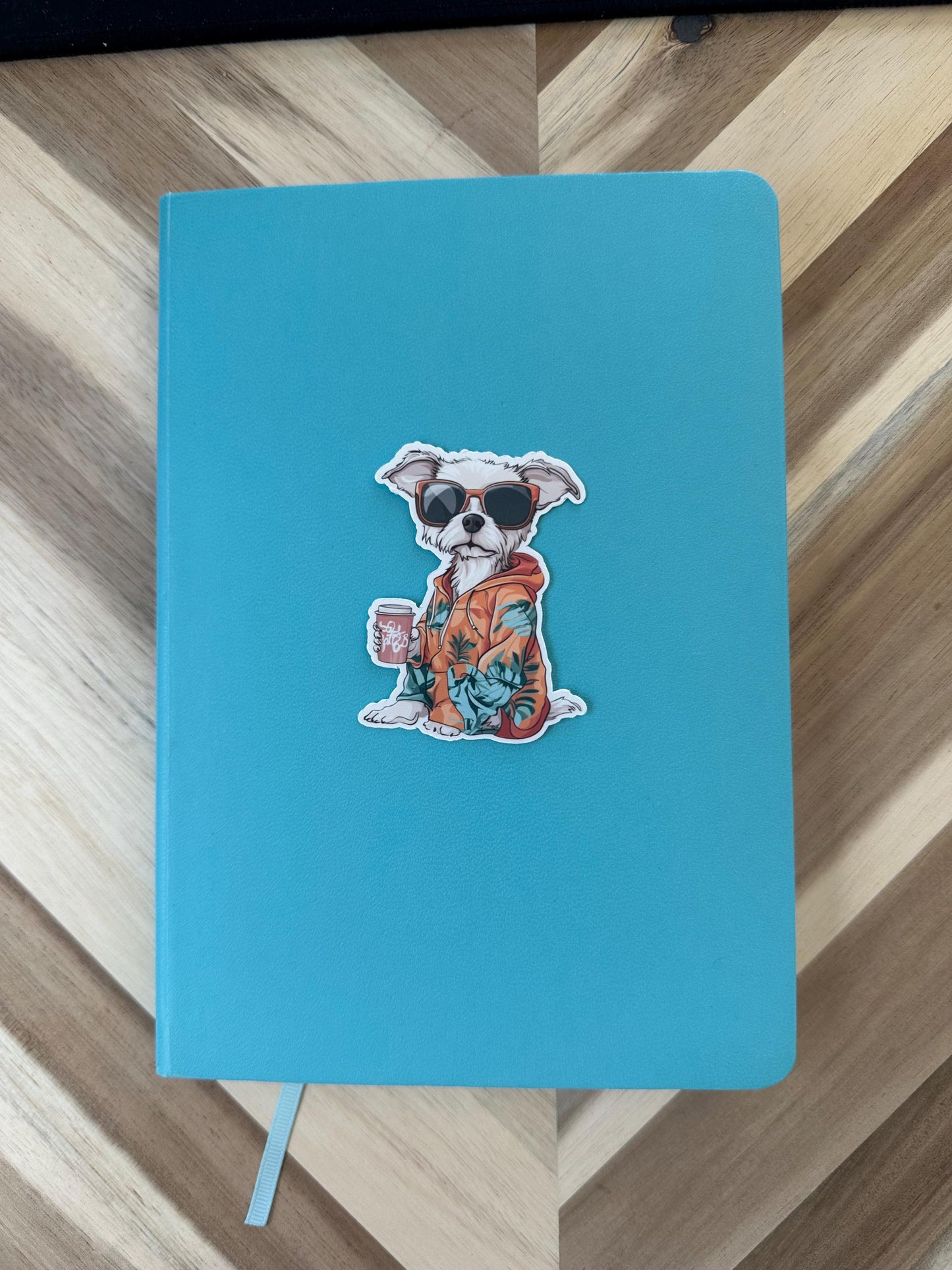 Maltese Pup Hawaiian Hoodie Sticker | Cool Dog with Coffee | Tropical Vibes Pet Decal | Funny Maltese Gift | Laptop, Water Bottle Decoration